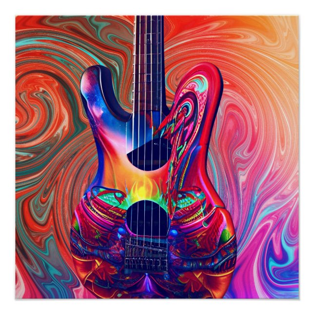 Psychedelic Electric Acoustic Semi Guitars Art  Poster (Front)