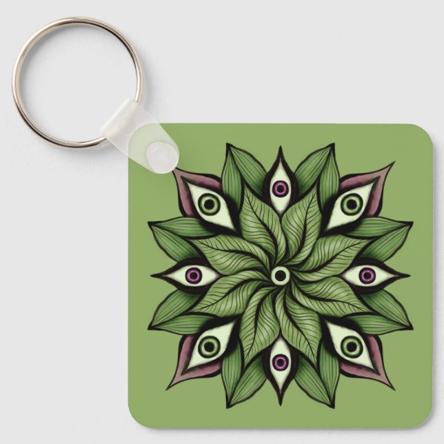 Psychedelic Eyes Mandala - Trippy Floral Pattern Key Ring (Front)