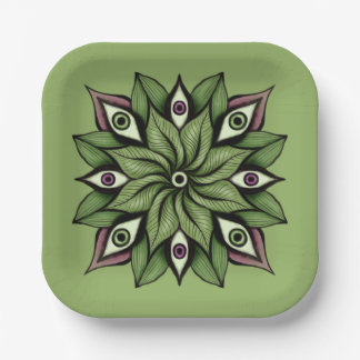 Psychedelic Eyes Mandala - Trippy Floral Pattern Paper Plate