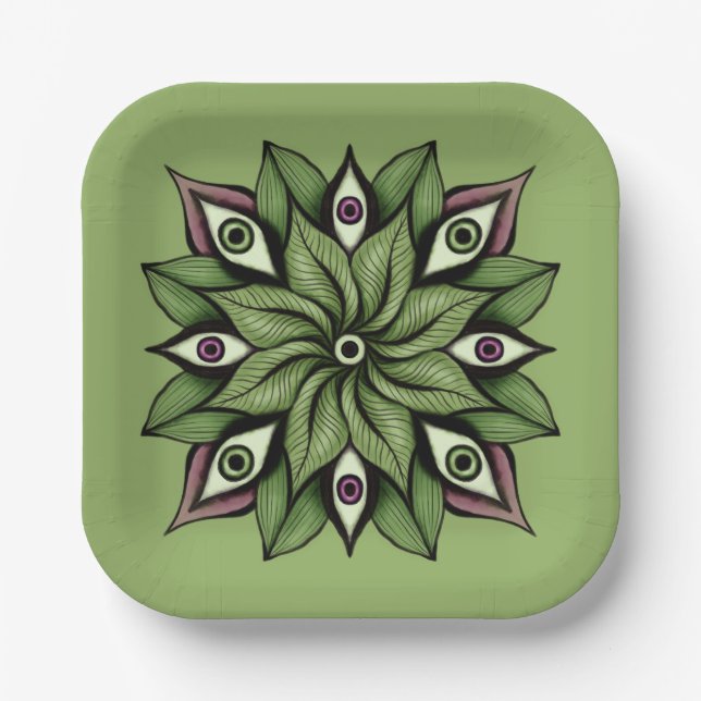 Psychedelic Eyes Mandala - Trippy Floral Pattern Paper Plate (Front)