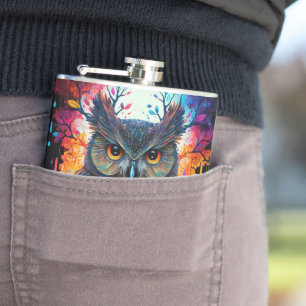 Psychedelic Fantasy Hippy Owl Hip Flask