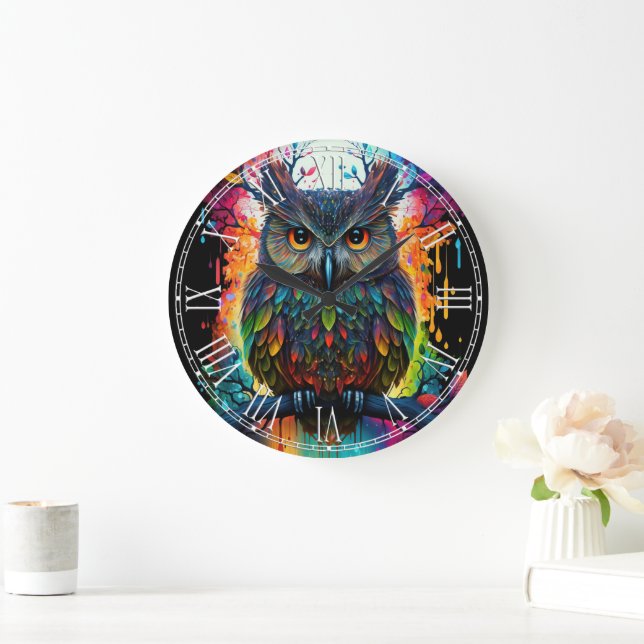 Psychedelic Fantasy Hippy Owl Large Clock (Home)