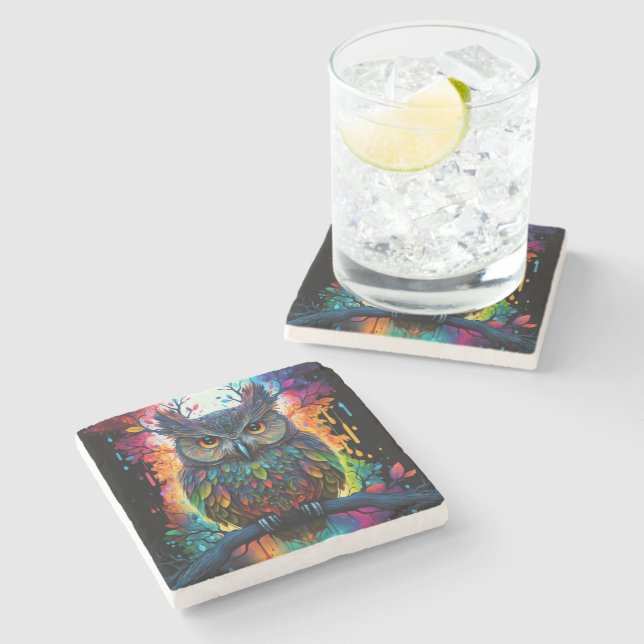Psychedelic Fantasy Hippy Owl Stone Coaster (Side)