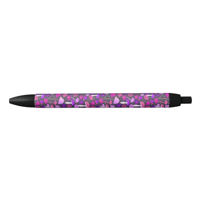 Psychedelic Floral Mushrooms Pink, Purple & Black Black Ink Pen (Front)