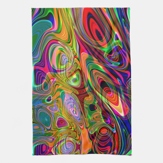 Psychedelic Florescent Abstract Twirls Tea Towel (Vertical)