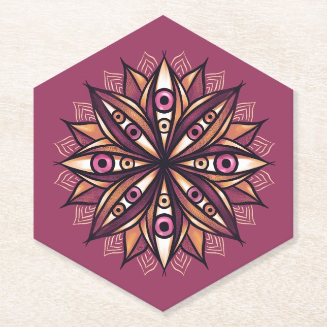 Psychedelic Flower Art with Trippy Creepy Eyes Paper Coaster (Front)