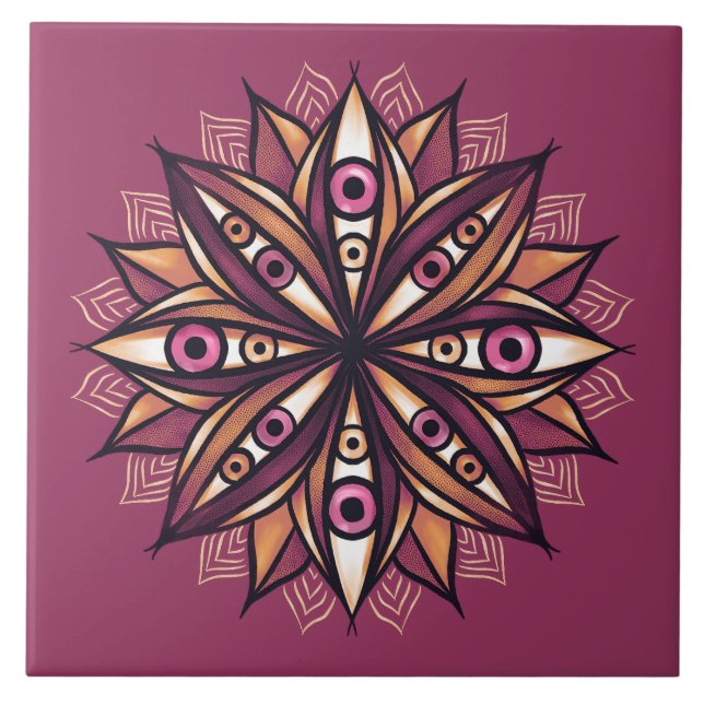 Psychedelic Flower Art with Trippy Creepy Eyes Tile (Front)