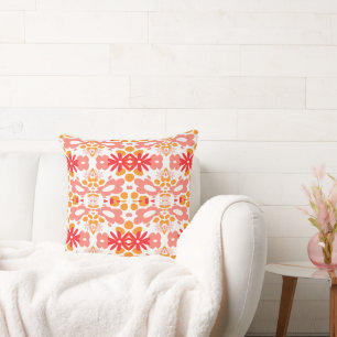 Psychedelic Flowers & Heart Red Orange White Cushion