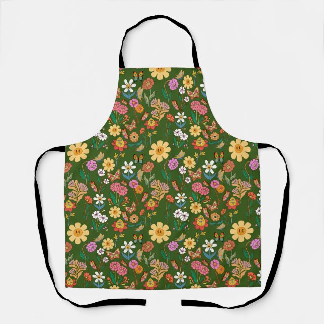 Psychedelic Flowers Pattern Retro Style D Green BG Apron (Front)
