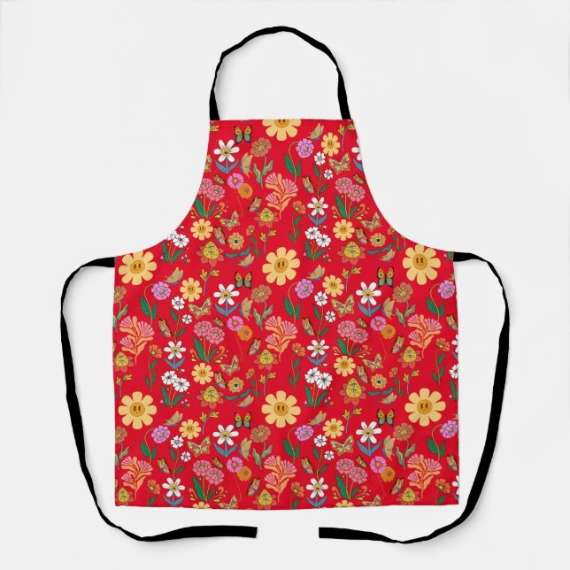 Psychedelic Flowers Pattern Retro Style Red BG Apron (Front)