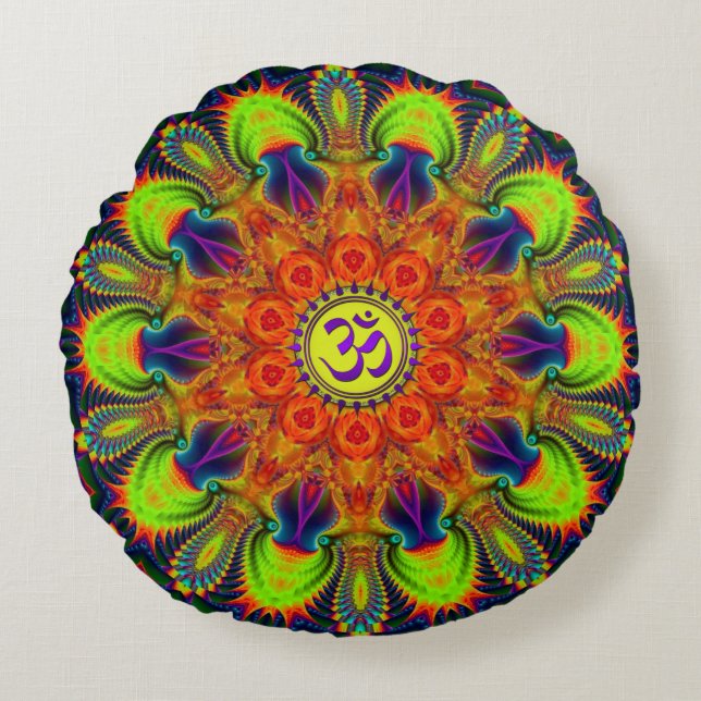 Psychedelic Fractal Kaleidoscope Om Round Cushion (Front)