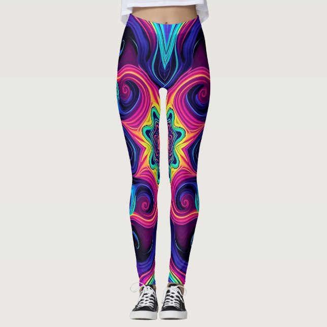 Psychedelic Fractal Leggings with Neon Mandala Art (Front)