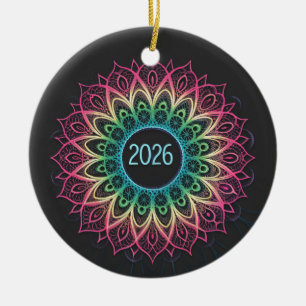 Psychedelic Fractal Mandala 2026 Design with Neon Ceramic Tree Decoration