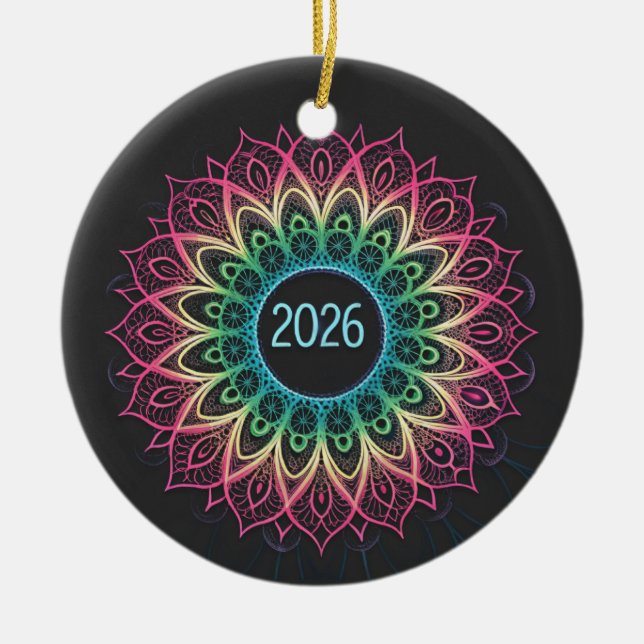 Psychedelic Fractal Mandala 2026 Design with Neon  Ceramic Tree Decoration (Front)