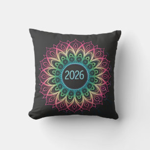 Psychedelic Fractal Mandala 2026 Design with Neon Cushion