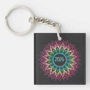 Psychedelic Fractal Mandala 2026 Design with Neon Key Ring