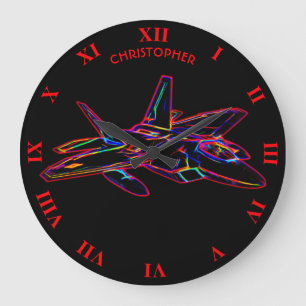 Psychedelic Fractal Neon War Plane Stealth Fighter Large Clock