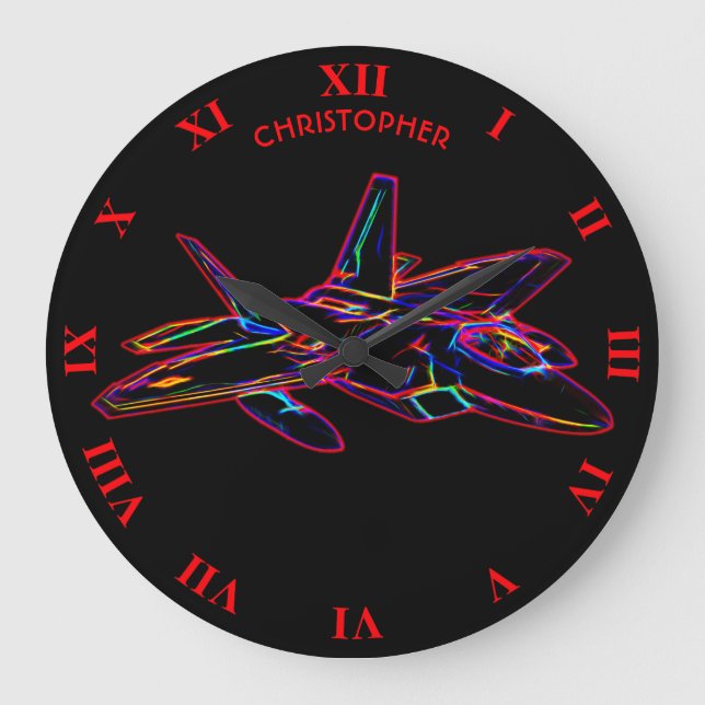 Psychedelic Fractal Neon War Plane Stealth Fighter Large Clock (Front)