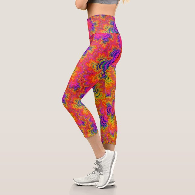 Psychedelic Funky Hippie Boho Neon Rainbow Fractal Capri Leggings (Left)