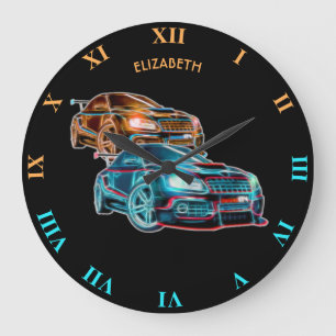 Psychedelic Futuristic Sport Cars Glowing Neon Large Clock