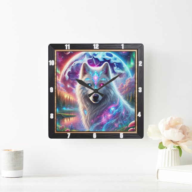 Psychedelic Galaxy Wolf  Square Wall Clock (Home)