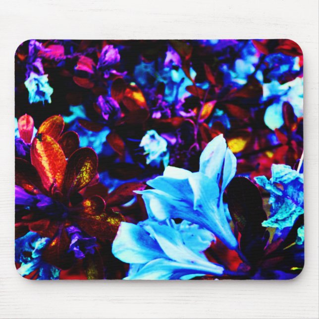 Psychedelic Garden Flowers Blue Purple Fuschia Mouse Mat (Front)