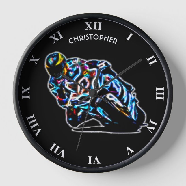 Psychedelic Glowing Motorcycle Rider Racing Bike Clock (Front)