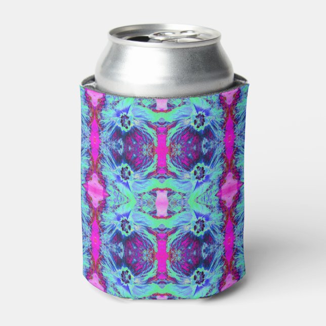 Psychedelic Green and Blue Hibiscus Pattern Can Cooler (Can Front)