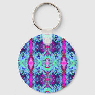 Psychedelic Green and Blue Hibiscus Pattern Key Ring