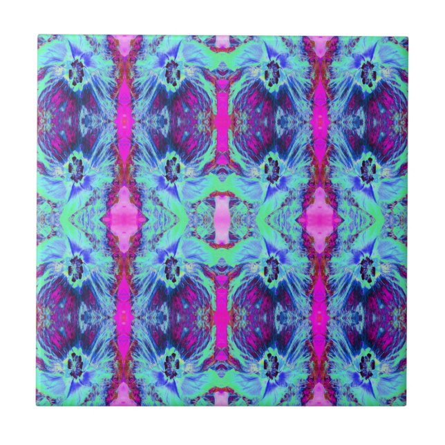 Psychedelic Green and Blue Hibiscus Pattern Tile (Front)