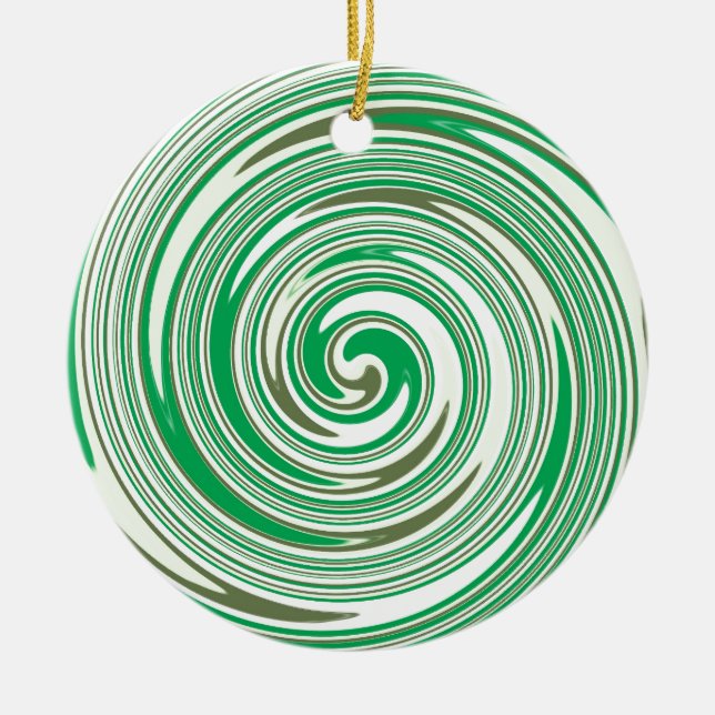 Psychedelic green pinwheel design ceramic tree decoration (Front)