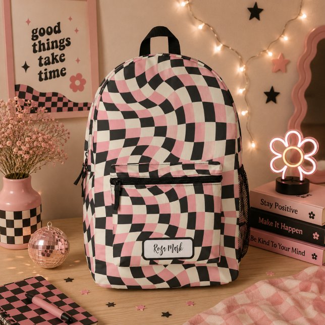 Psychedelic Groovy Chequerboard, Y2K 90s Printed Backpack (Creator Uploaded)