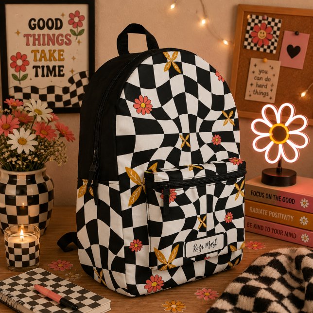 Psychedelic Groovy Daisy Chequerboard, Y2K 90s Printed Backpack (Creator Uploaded)