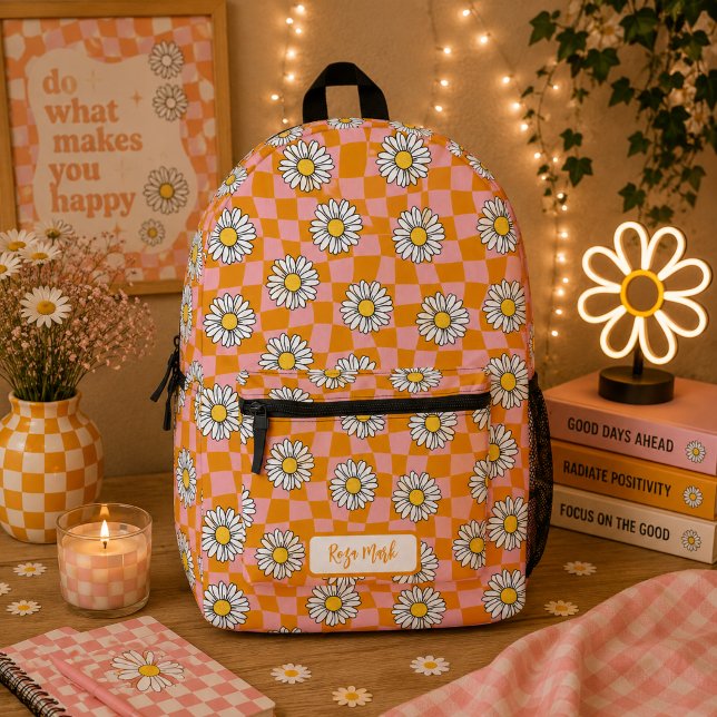 Psychedelic Groovy Daisy Chequerboard, Y2K 90s Printed Backpack (Creator Uploaded)