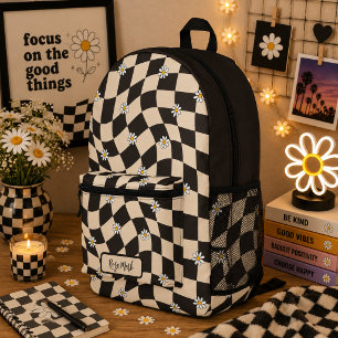 Psychedelic Groovy Daisy Chequerboard, Y2K 90s Printed Backpack