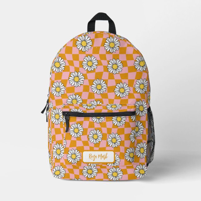 Psychedelic Groovy Daisy Chequerboard, Y2K 90s Printed Backpack (Front)