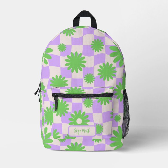 Psychedelic Groovy Daisy Floral Chequerboard Printed Backpack (Front)