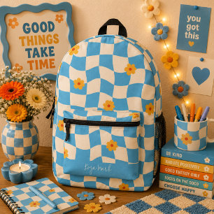 Psychedelic Groovy Floral Chequerboard Printed Backpack