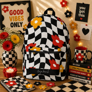 Psychedelic Groovy Floral Chequerboard, Y2K 90s Printed Backpack