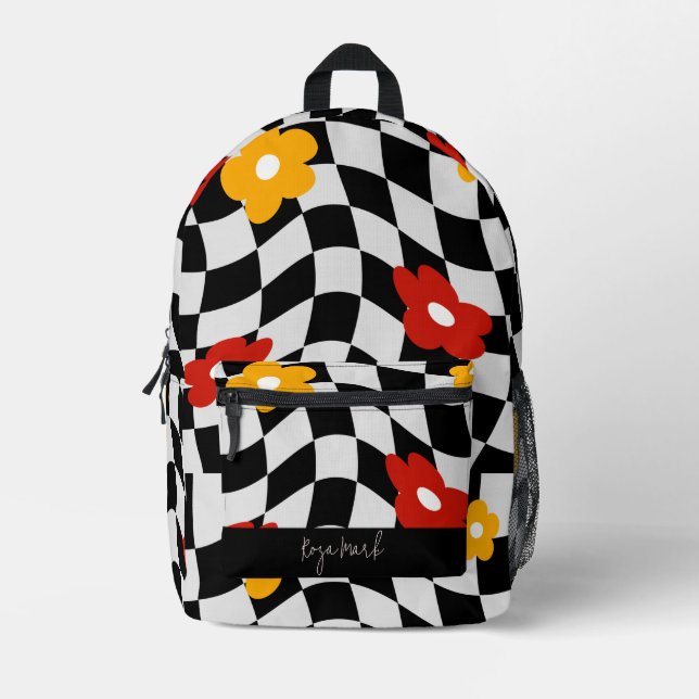 Psychedelic Groovy Floral Chequerboard, Y2K 90s Printed Backpack (Front)