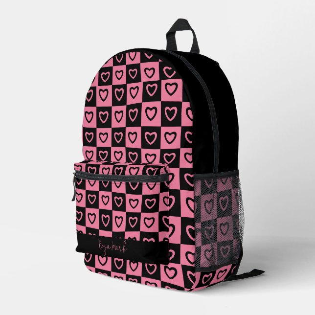 Psychedelic Groovy Heart Chequerboard, Y2K 90s Printed Backpack (Back Corner Right)