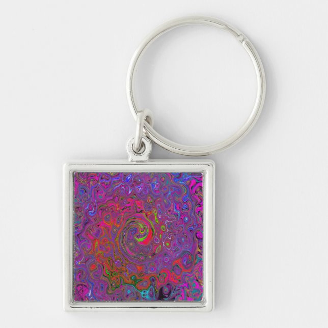 Psychedelic Groovy Magenta Retro Liquid Swirl Key Ring (Front)