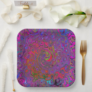 Psychedelic Groovy Magenta Retro Liquid Swirl Paper Plate