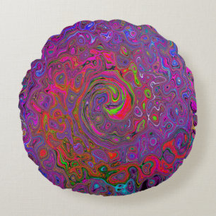 Psychedelic Groovy Magenta Retro Liquid Swirl Round Cushion