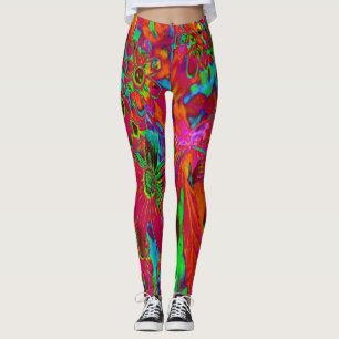 Psychedelic Groovy Red and Green Wildflowers Leggings