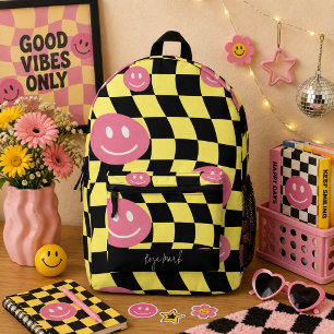 Psychedelic Groovy Smiley Chequerboard, Y2K 90s Printed Backpack