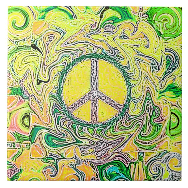 Psychedelic Groovy Trippy Fine Peace Sign Tile (Front)