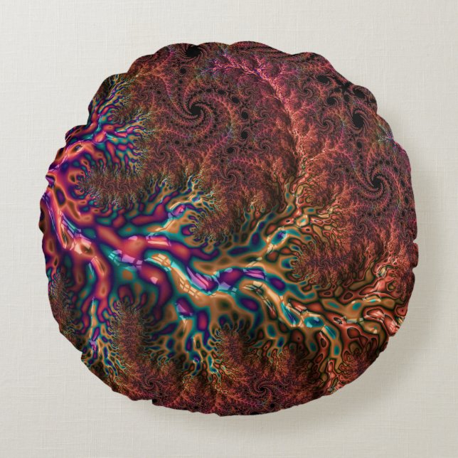Psychedelic Groovy Trippy Funky Colourful Fractal Round Cushion (Front)