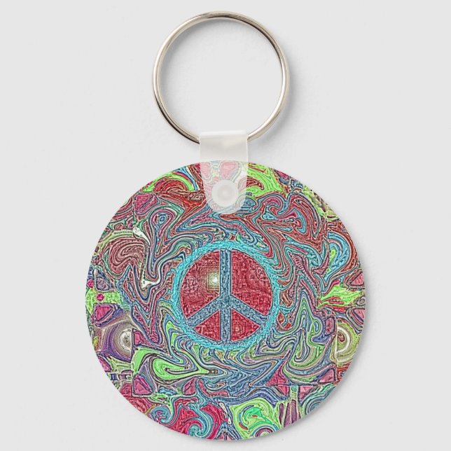 Psychedelic Groovy Trippy Peace Sign Key Ring (Front)