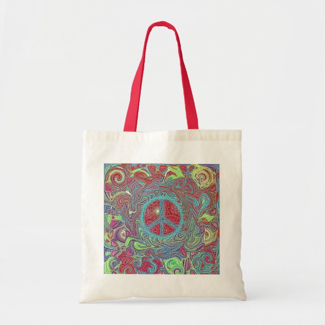 Psychedelic Groovy Trippy Peace Sign Tote Bag (Front)